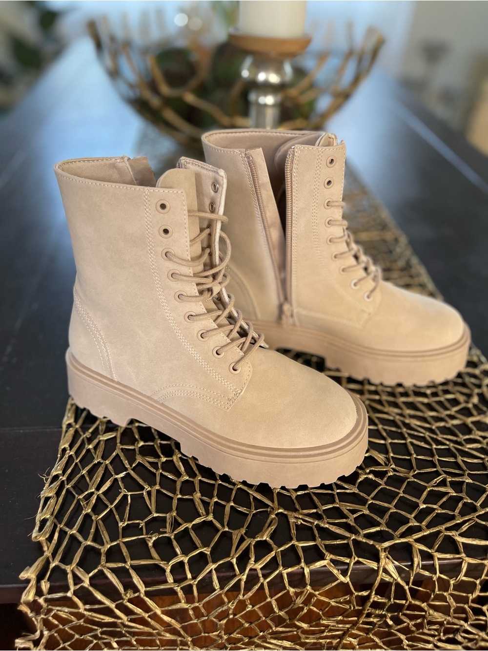 Zara Girls Suede-Like Lace-Up Platform Ankle Boots - Beige